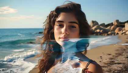 Enchanting Double Exposure Portrait of a Young Woman with Romantic Atmosphere by a Mediterranean Shore