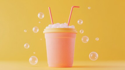 Wall Mural - A colorful drink cup with straws and bubbles against a vibrant yellow background.