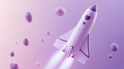 Canvas Print - A stylized rocket ascending through space, surrounded by small asteroids in a gradient background.