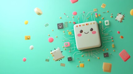 Canvas Print - A playful illustration of a friendly microchip surrounded by colorful electronic components.