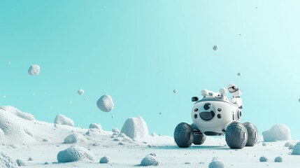 Canvas Print - A playful robot exploring a snowy landscape with a cute companion in a futuristic setting.