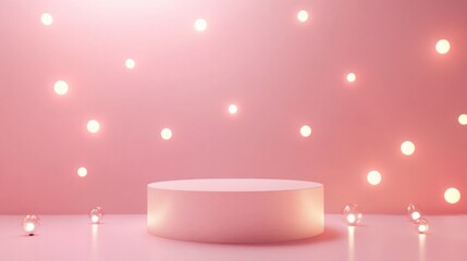 Poster - A minimalistic pink stage with soft lighting and decorative orbs for presentations or events.