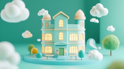 Canvas Print - A whimsical, pastel-colored house surrounded by trees and clouds, evoking a playful atmosphere.