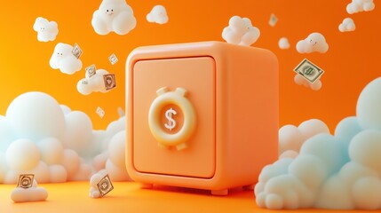 Wall Mural - A stylized orange safe surrounded by clouds and floating money, symbolizing wealth and savings.