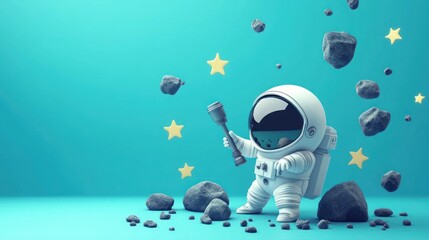 Poster - A cute astronaut character exploring space among asteroids and stars.