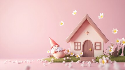 Canvas Print - A whimsical scene featuring a gnome beside a charming house and flowers on a pink background.