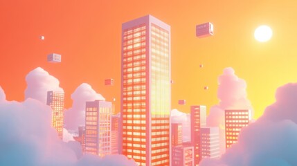 Wall Mural - A vibrant cityscape at sunset with floating cubes and clouds.