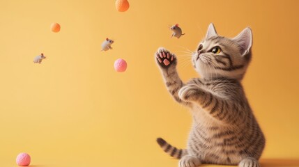 A playful kitten interacts with colorful balls and toy mice against a vibrant orange backdrop.