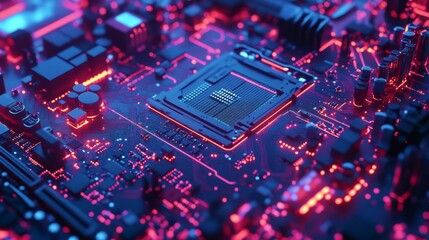 Close-up of a vibrant illuminated motherboard with neon circuits, showcasing the intricate details of electronic components and modern technology.