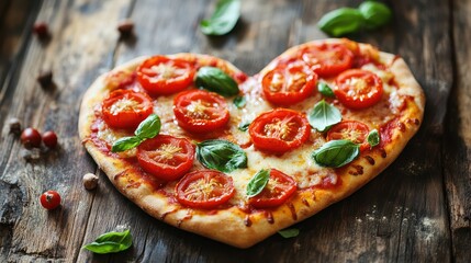 A heart-shaped pizza topped with fresh tomatoes and basil, placed on a rustic wooden table, ready to be shared by a loving couple