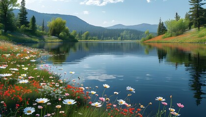 Serene lake embraced by vibrant wildflowers, showcasing the essence of untouched natural beauty in AI art.