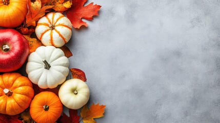 An autumn-themed arrangement showcases pumpkins, apples, and colorful leaves on a grey stone table with ample space for seasonal text or copy