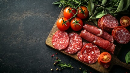 Wall Mural - A fillet meat and salami with tomatoes, top view. The image should have copy-space