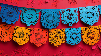 Vibrant Papel Picado Patterns, intricate paper-cut banners in bold, colorful designs, with copy space, Day of the Dead