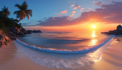 Wall Mural - Breathtaking panoramic sunset over a serene beach with vibrant colors and gentle waves