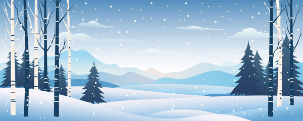 Wall Mural - Winter panoramic natural landscape. Beautiful winter landscape, fields with snowdrifts, mountains, forest, pine, birch and spruce trees in snowy weather. Landscape vector illustration for Christmas.