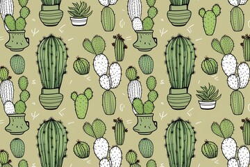 Wall Mural - Seamless Hand-Drawn Cactus Doodle Pattern for Vintage Botanical Home Decor