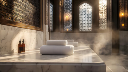 a luxurious turkish hammam with marble walls and steam.