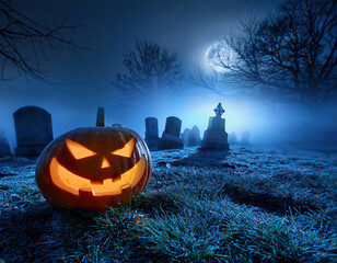 Halloween pumpkin head lantern with face glowing with orange light in cemetery at night moonlight