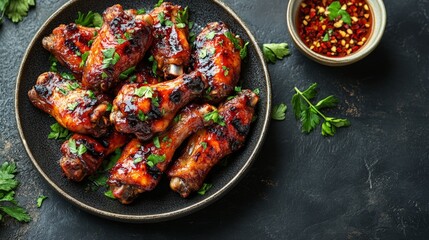 Wall Mural - grilled sticky chicken wings on a plate, set against a dark background