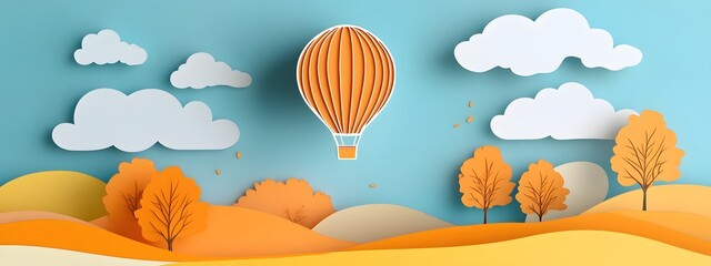 A paper-cut style depiction of an orange hot air balloon floating over rolling hills, with trees and clouds in the sky