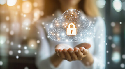 Poster - Secure cloud computing system with padlock symbol held by businesswoman demonstrating data protection and cybersecurity