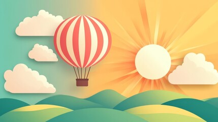 Colorful illustration of a hot air balloon floating over rolling hills under a vibrant sunrise with fluffy clouds in the sky.