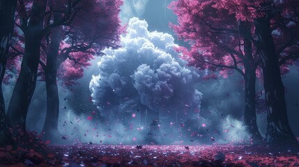 A surreal forest scene with a large white cloud in the center, surrounded by pink trees and falling leaves.