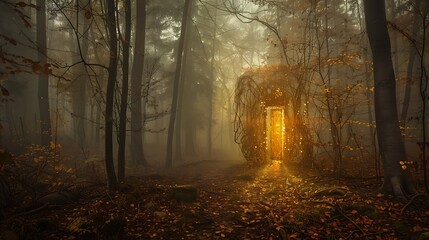 Dream scenery in a foggy forest with a shining golden doorway