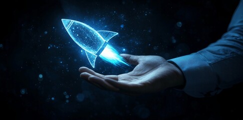 An illustration of man's hand pointing at hologram of creative glowing rocket spaceship on dark blue background. Concept for start up, launch, social media, network, and connection.