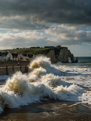 Poster - Sea waves on the Etretat promenade during Normandy high tide