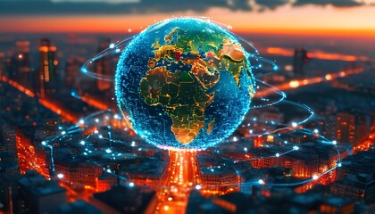 High-Speed Wi-Fi 7 Connectivity Concept Featuring a Glowing Earth with Network Lines and City Lights