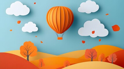 A paper-cut style depiction of an orange hot air balloon floating over rolling hills, with trees and clouds in the sky