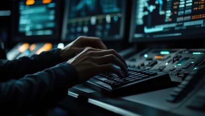 A close-up shot of hands typing on a keyboard in the control room, with the focus on the hands and equipment, and a blurred background with monitors displaying data Generative AI