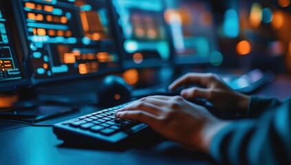 A person typing on a keyboard in a control room, close-up shot of hands and computer desk, high-tech security system monitors in the background Generative AI