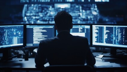 An over-the-shoulder shot of a security professional typing on a keyboard in a dark room, surrounded by advanced tech equipment and monitors displaying real-time data Generative AI