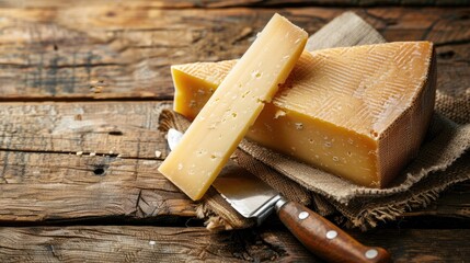 Wall Mural - Close up of aged cheddar cheese and cheese knife set on rustic wood background