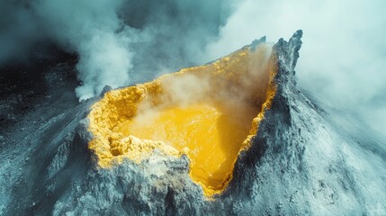 A sulfuric volcanic vent with yellow crystals forming around its edge, releasing steam and gases into the air