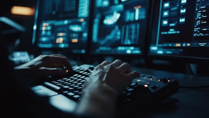 A close-up shot of hands typing on a keyboard in a dark control room, surrounded by computer screens displaying data and graphs Generative AI