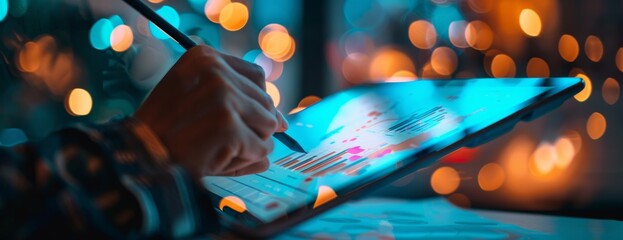 A digital tablet displaying data and graphs, with the focus on hands holding it while using a stylus pen to draw or highlight information. In the background is a blurred out blue color theme with smal