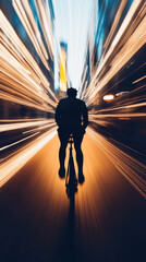 A cyclist navigates through a vibrant city at night, with colorful light trails illuminating the path