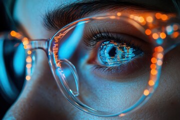 Wall Mural - extreme closeup of human eyes behind glasses reflecting complex digital code and circuits conveys the concept of cybersecurity digital identity and technological integration