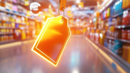 a bright, glowing black friday tag with sharp edges, hanging from a product in a retail store filled