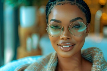 Beautiful African young woman with a radiant smile wearing eyeglasses, relaxing at a beauty spa.