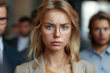 Beautiful female colleague with eyeglasses looking frustrated while being blamed by businesspeople in the office.