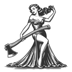 Wall Mural - pin-up woman in a form-fitting tight dress with axe over her shoulder sketch engraving generative ai fictional character vector illustration. Scratch board imitation. Black and white image.