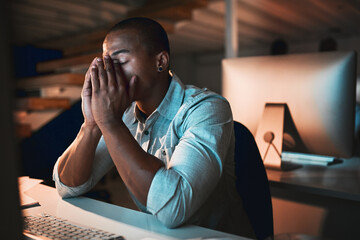 Poster - Tired, burnout and businessman in office at night with deadline for software development update. Exhausted, fatigue and male computer engineer sleeping by desk for overtime job with global client.