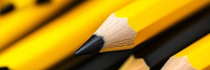 Poster - A close-up shot of a yellow pencil with a black graphite tip, showcasing the intricate details of the wood and lead. It symbolizes creativity, education, precision, and the power of written expression