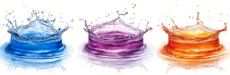 Water splash in blue, purple, and orange colors creates vibrant visual effect. dynamic movement of splashes adds energy and excitement to image.