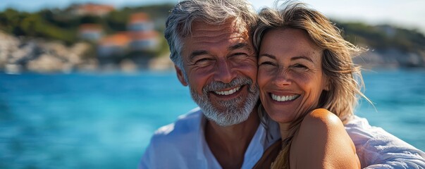 Happy senior couple enjoying each other's company by the sea on a sunny day, expressing love and companionship with joyful smiles and embracing each other warmly